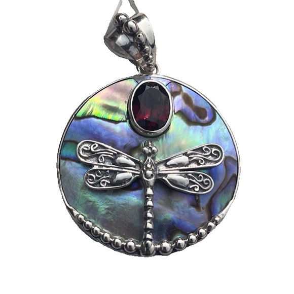 Bali Sterling Silver Abalone Dragonfly Pendant Garnet Round Nature Statement NEW - Picture 1 of 16